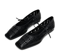 Seborluys Lace Up Square Toe Ballet Flats Shoes for Women Mary Jane Flat Shoe Breathable Leather Loafers Comfortable Slip-On Summer Ballerina Footwear for 2025, Black, 5 UK