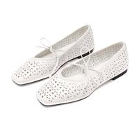 Seborluys Lace Up Square Toe Ballet Flats Shoes for Women Mary Jane Flat Shoe Breathable Leather Loafers Comfortable Slip-On Summer Ballerina Footwear for 2025, White, 5 UK