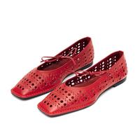 Seborluys Lace Up Square Toe Ballet Flats Shoes for Women Mary Jane Flat Shoe Breathable Leather Loafers Comfortable Slip-On Summer Ballerina Footwear for 2025, Red, 5 UK