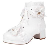 Seborluys Women Bow Ankle Boots Lace Up Platform Sweet Booties Chunky heel Kawaii Lace Short Boot Size 6,White