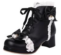 Seborluys Women Bow Ankle Boots Lace Up Platform Sweet Booties Chunky heel Kawaii Lace Short Boot Size 8.5,Black