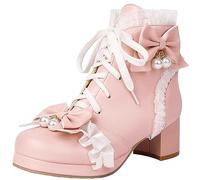 Seborluys Women Bow Ankle Boots Lace Up Platform Sweet Booties Chunky heel Kawaii Lace Short Boot Size 8.5,Pink