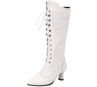 Seborluys Women Victorian Vintage Knee High Boots Kitten Heel Pointed Toe Lace Up Knee Length Boots Pull On Long Boot(White,UK Size 4)