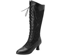 Seborluys Women Victorian Vintage Knee High Boots Kitten Heel Pointed Toe Lace Up Knee Length Boots Pull On Long Boot(Black,UK Size 4)