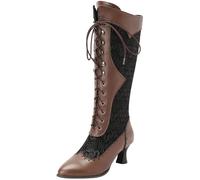 Seborluys Women Victorian Vintage Knee High Boots Kitten Heel Pointed Toe Lace Up Knee Length Boots Pull On Long Boot(Brown,UK Size 12)