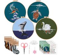 SEBOVIM Embroidery Kits for Beginner,Cross Stitch Kits for Beginners with Stamped Animal Pattern DIY Embroidery Starter Needlepoint Kit,4 Set Hand Embroidery Kits with Hoop,Craft Gift