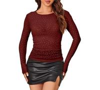 SEBOWEL Glitter Sheer Mesh Tops for Women See Through Blouse Transparent Mesh Shirt Wine Red S