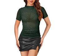 SEBOWEL Glitter Sheer Mesh Tops for Women See Through Blouse Transparent Rhinestone Mesh Shirt Green XL