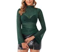 SEBOWEL Women Rhinestone Sheer Mesh Top Bell Sleeve Glitter Sparkle Tops Sexy Shirred Ruched See Through Party Top Blouses, Dark Green, M