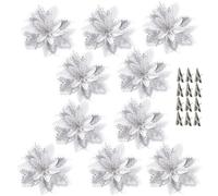 SECALIFE 10 PCS Christmas Poinsettia Flower with Clips, 15CM Artificial Glitter Poinsettia Ornaments for Christmas Tree, DIY Xmas Wreath, Holiday Party Decor, Silver