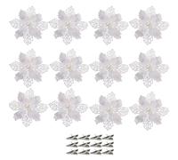 SECALIFE 12 Pcs Christmas Flowers Large (16CM) Poinsettia Christmas Glitter Flower Artificial Flowers with Clips for Christmas Tree Wreath Hanging Party Xmas DIY Decor, White