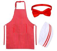SECBOO 3 Pieces 1950s Adult Waiter Costume Kit - Soda Jerk Costume,Red & White Striped Apron with 2 Pockets, Chef Hat & Adjustable Bow Tie for Halloween, Carnival, 50s Theme Party