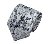 Secdtie Men's Silk Tie Dragon Peony Embroidery Woven Wedding Formal Necktie Gift, Silver Black, One size