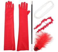 SECFOU 1920s Flapper Girl Costume Accessories Set for Halloween Party, Five-pieces Including Red Cloth Headband, Pearl Necklace and Easy to Wear Gloves, Vintage Style Halloween Prop