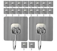 SECFOU 20pcs Adhesive Wall Hooks Stainless Steel Strong Bearing Capacity Seamless Sticky Hanging Hooks for Kitchen Bathroom Bedroom Living Organization