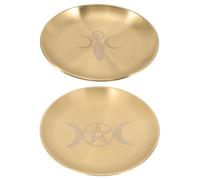 SECFOU 2pcs Pentacle Altar Ceremony Decorative Metal Candle Holder Tray Set with Triple Moon Goddess Design, Brass Candlestick Plates for Home Décor and Ritual Use