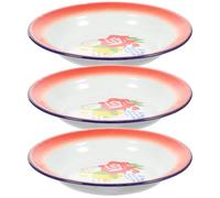 SECFOU 3pcs Vintage Enamel Food Plates 20cm Round Retro Chinese Style Serving Dishes with Floral Pattern for Snacks, Fruit, and Hotpot Side Dishes in Kitchen and Dining Random Style