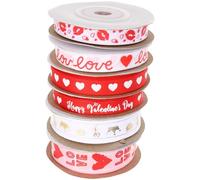 SECFOU 6 Rolls Valentine’s Day Wrapping Ribbon Set with Decorative Love Hearts, Satin Box Packaging Ribbons for Floral, Cake, Wedding and Romantic Occasion Bow Making