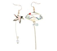 SECFOU Asymmetric Fan Tassel Earrings with Ethnic Bohemian Dangler for Women Elegant Asian Style Jewelry Symbolizing Longevity and Blessing Gift for Mothers and Friends