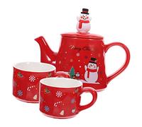 SECFOU Christmas Themed Ceramic Teapot Set Red Snowman Print, Household Tea Kettle and 2 Cups, Festive Holiday Decorative Tea Set for Christmas Party