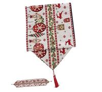 SECFOU Cotton Linen Christmas Table Runner with Tassels Deer Bell Design for Xmas Party and Dining Table Decoration Festive Desk Cloth for Holiday Buffet and Display