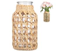 SECFOU Delicate Woven Glass Vase with Rattan Craft, Practical Flower Arrangement Container for Home and Office Decor, Simple Beauty Desktop Ornament with Vintage Style