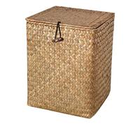 SECFOU Household Woven Storage Box Khaki Natural Beauty Pastoral Style Storage Bin with Lid Made from Cattail Stem for Home and Picnic
