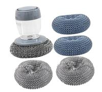 SECFOU Kitchen Cleaning Brush Set with Soap Dispensing Palm Press, Includes Steel Wire Scrubbers and Pet Scrubbing Balls, Multifunctional Dish and Pot Pan Brush for Household Sink Cleaning