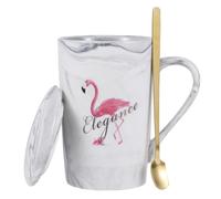 SECFOU Nordic Style Pink Flamingo Ceramic Coffee Mug 12oz 360ml with Marble Pattern, Lid and Gold Spoon, Breakfast Drinkware for Home and Office