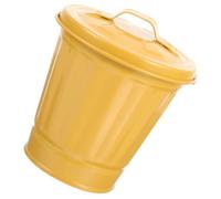SECFOU Small Dustbin Metal Trash Can with Lid, Iron Waste Bin for Home and Dormitory Use, Yellow Retro Pail Style with Odor Prevention and Pen Holder Features, Compact Desktop Waste