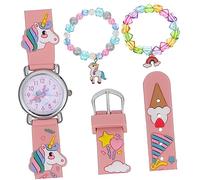 SECFOU Watch Bracelet Set with Rainbow Strap and Pink Unicorn Pattern Quartz Movement Wristwatch with Pearl and Heart Beaded Bracelets Stylish Jewelry Birthdays and Christmas