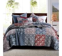 Secgo Twin Comforter Set for Bed - 100% Cotton Quilts Twin Size, Black Bedspreads with 2 Pillow Shams, Patchwork Reversible Lightweight Bedding