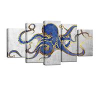 sechars Large 5 Piece Canvas Wall Art Blue and Gold Octopus Painting Art Prints Abstract Marine Life Picture Poster Framed Vintage Home Living Room Wall Decoration Ready to Hang