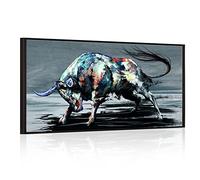 sechars Large Fighting Bull Painting Wall Art Canvas Cool Animal Picture Artwork with Black Floater Frame Modern Home Office Western Cowboy Room Decoration Ready to Hang 24"x48"