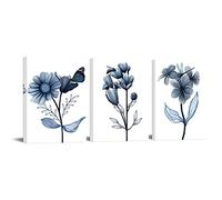 sechars Navy Blue Bathroom Wall Decor Blue Flower with Butterfly Picture Painting Modern Bedroom Bathroom Wall Art Framed Ready to Hang Each Panel 12x16 Inches
