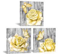 sechars Yellow and Grey Flower Wall Art Floral with Butterfly Paintings Canvas Prints Modern Bathroom Bedroom Decor Artwork (Yellow)