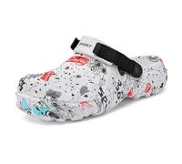 SECHRITE Men's Clogs Athletic Sports Outdoor Slip-on Mules with Cushion Non Slip Home Sandals Garden Work Nurse Shower Lightweight Clogs Shoes with Adjustable Back Strap - River Edge White Skull 42