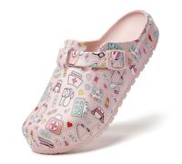 SECHRITE Womens Work Clogs Arch Support Slip-On Mules Slip Resistant Garden Nurse Chef Kitchen Shoes Cushioned Printed Sandals Slippers Pink Doctor Print 39