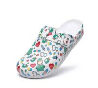 SECHRITE Womens Work Clogs Arch Support Slip-On Mules Slip Resistant Garden Nurse Chef Kitchen Shoes Cushioned Printed Sandals Slippers White Doctor Print 40