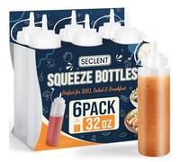 SECLENT 32oz Squeeze Bottles, Clear Condiment Squeeze Bottles for Sauces, Plastic Ketchup Bottle Squeeze for Liquids, Cooking Squirt Bottle for Kitchen, Oil, Food - 6 Pack