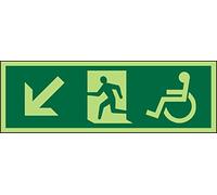 Seco DDA Fire Exit - Arrow Pointing Down & Left, Man Running Left, Wheel Chair Pictogram Sign, 450mm x 150mm - Photoluminescent Self Adhesive Vinyl
