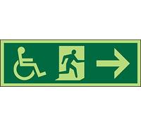Seco DDA Fire Exit - Wheel Chair, Man Running Right, Arrow Pointing Right Pictogram Sign, 450mm x 150mm - Photoluminescent Self Adhesive Vinyl