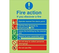 Seco Fire Action - If You Discover A Fire with Do Not Use Lifts Warning Sign, 200mm x 300mm - Photoluminescent Self Adhesive Vinyl