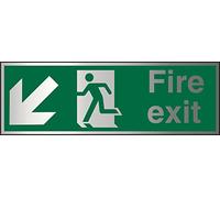 Seco Fire Exit - Arrow Pointing Down & Left, Man Running Left, Fire Exit Sign, 300mm x 100mm - 1.5mm Brushed Aluminium Composite