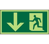 Seco Fire Exit - Arrow Pointing Down & Man Running Left Pictogram Sign, 200mm x 100mm - Photoluminescent 1mm Semi Rigid Plastic