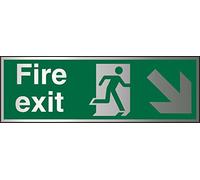 Seco Fire Exit - Fire Exit, Man Running Right, Arrow Pointing Down & Right Sign, 450mm x 150mm - 1.5mm Brushed Aluminium Composite