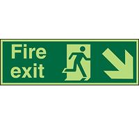 Seco Fire Exit - Fire Exit, Man Running Right, Arrow Pointing Down & Right Sign, 450mm x 150mm - Photoluminescent 1mm Semi Rigid Plastic