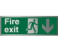Seco Fire Exit - Fire Exit, Man Running Right, Arrow Pointing Down Sign, 450mm x 150mm - 1.5mm Brushed Aluminium Composite