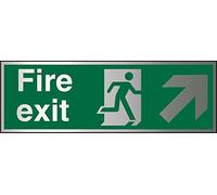 Seco Fire Exit - Fire Exit, Man Running Right, Arrow Pointing Up & Right Sign, 300mm x 100mm - 1.5mm Brushed Aluminium Composite