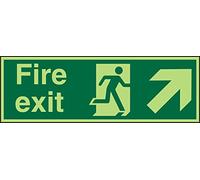 Seco Fire Exit - Fire Exit, Man Running Right, Arrow Pointing Up & Right Sign, 450mm x 150mm - Photoluminescent Self Adhesive Vinyl